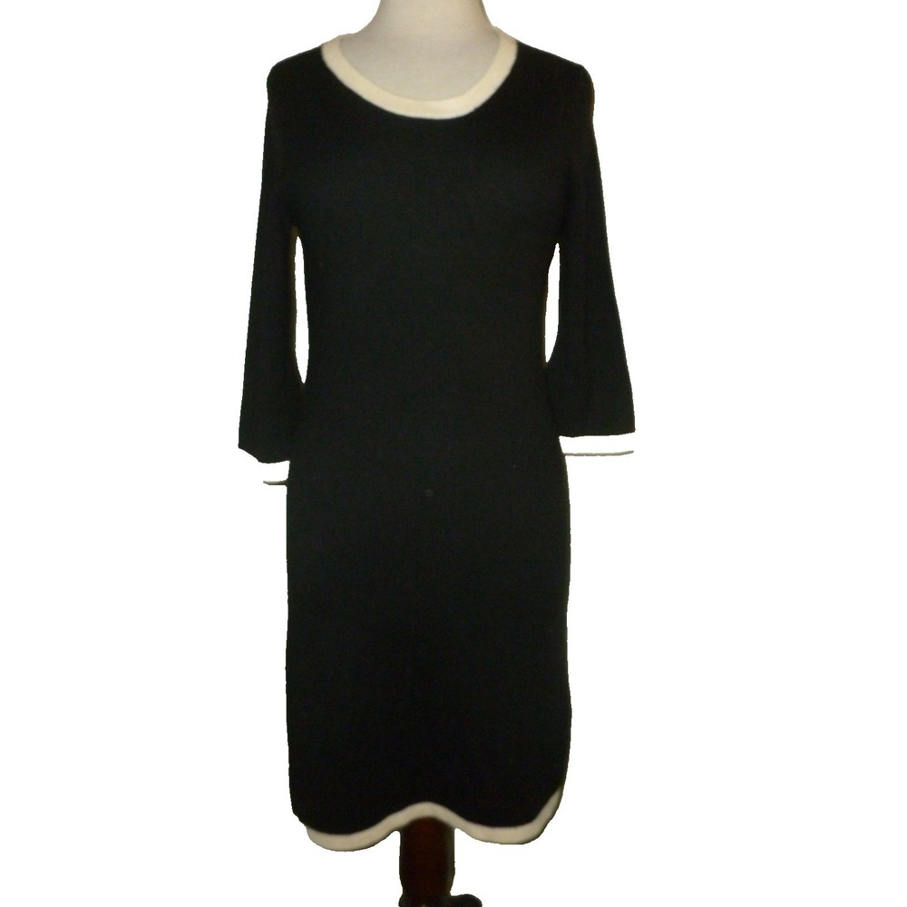 Neiman Marcus Exclusive Silk Cashmere Sweater Dress Black White Trim‎ Small S
